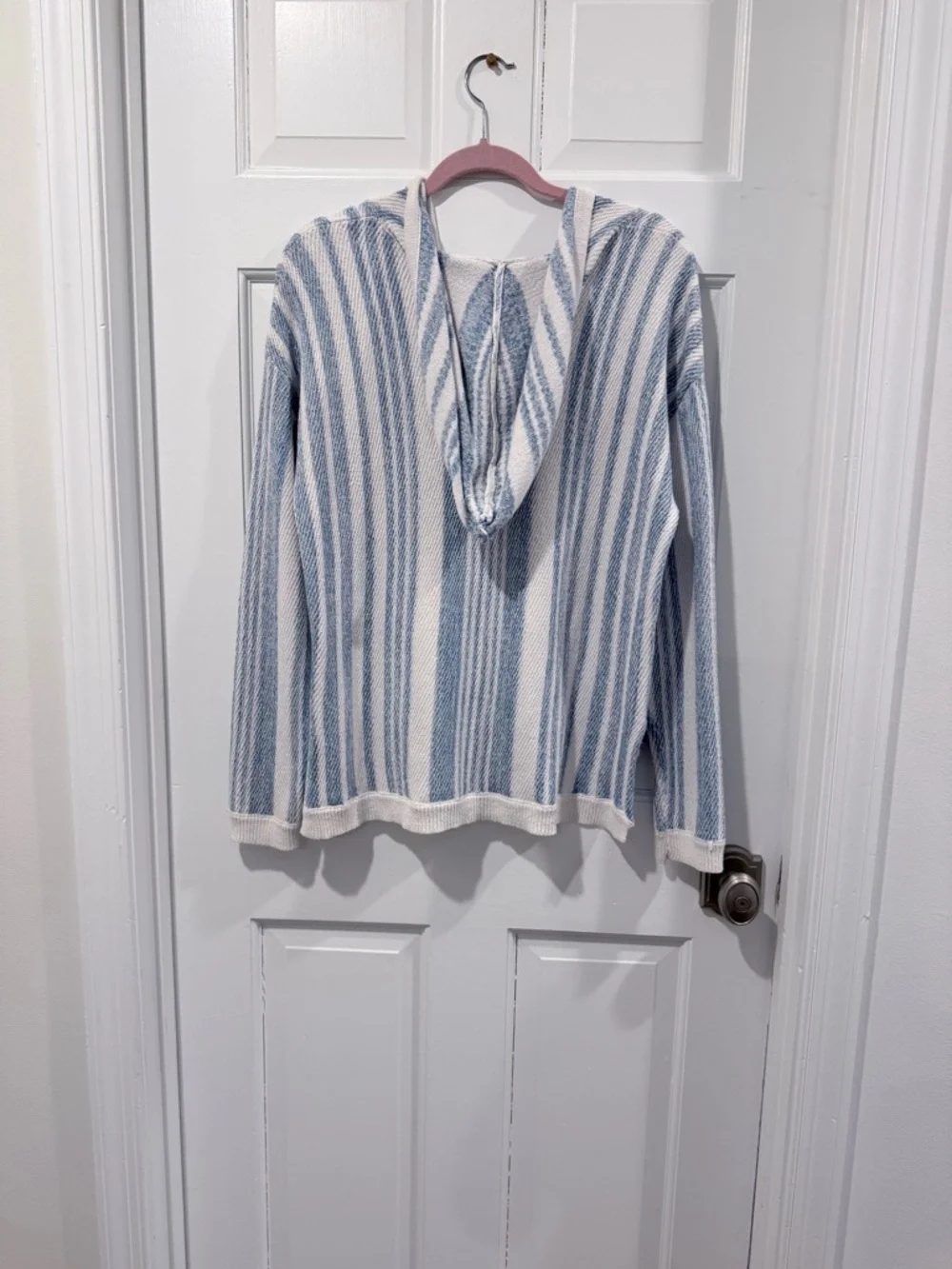 Striped V-Neck Hooded Knit  Poncho - Blue & Cream Size - M - Picture 2 of 5